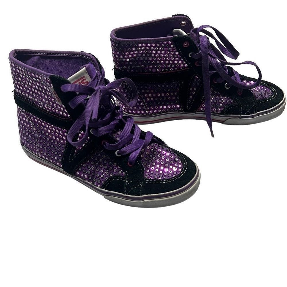 Vans Purple Sequin Lace Up Kids Sneakers Purple  High Cut Size 3.5